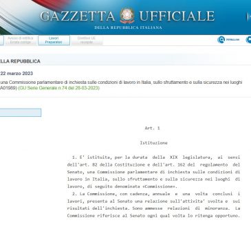 Istituita una Commissione parlamentare di inchiesta sulle condizioni di lavoro in Italia, sullo sfruttamento e sulla sicurezza nei luoghi di lavoro