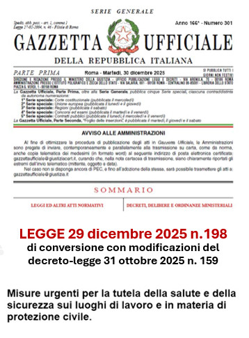 SICUREZZA SUL LAVORO: LEGGE 29 dicembre 2025, n. 198